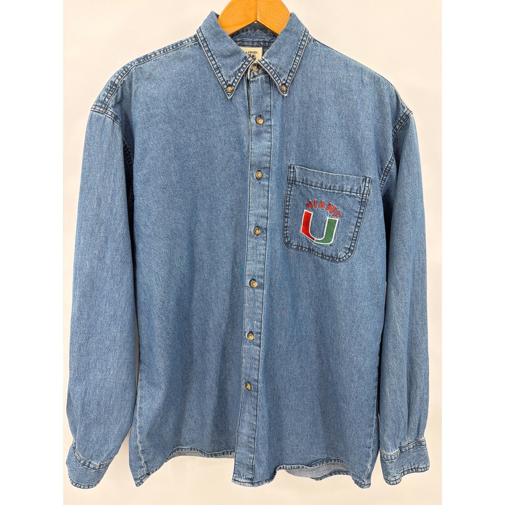 Vtg Joe College Miami Hurricanes Denim Shirt Mens XL University of Miami Blue